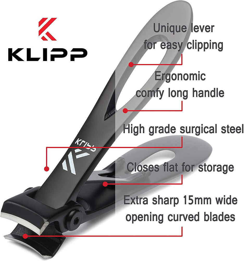 Nail Clippers with Catcher – KLIPP Heavy Duty Stainless Steel Fingernail  and Toe Nail Cutter with Curved Surgical Blades and Built-In Nail File –